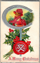 Vtg Postcard A Merry Christmas Lady in Red Holly and Berry Horshoe AMS PM 1909 - £5.31 GBP