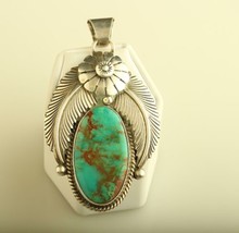 Vintage J. delgarito navajo sterling silver oval turquoise floral leaf pendant - £184.85 GBP