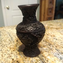 Vintage Black Chinese Double Floral Carved Lacquer Cinnabar Vase Resin 5&quot; Tall - £25.81 GBP