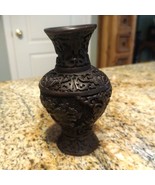 Vintage Black Chinese Double Floral Carved Lacquer Cinnabar Vase Resin 5" Tall - $32.67