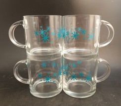 Set Of 4 Vintage MCM Glass Coffee Mugs Turquoise Snowflake Starburst Ato... - $31.68