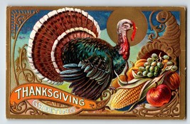 Thanksgiving Day Greetings Postcard Turkey Grapes Corn Apples Harvest Embossed - £6.79 GBP