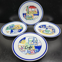 4 Williams Sonoma Parisian Cafe Salad Plates Mix Set Blue Bands Scenes Japan Lot - £45.14 GBP