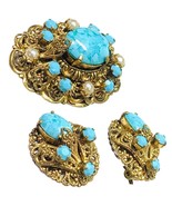 Vintage West Germany Blue Art Glass Ornate Brass Filigree Brooch Earring... - £116.85 GBP