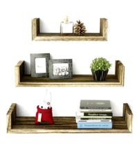 Floating U Shelves Set of 3 Wall Mounted Wood Torched Finish Brown New  - £9.11 GBP