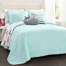 Full/Queen 5 Piece Microfiber Quilt Set in Teal Pink Aqua Waves Whale Pattern - $232.99