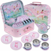 Tea Set For Little Girls - 15-Piece Tin Tea Party Set, Ballerina Design - Safe A - £39.40 GBP