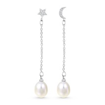 Celestial CZ Star &amp; Moon Chained White Pearls Sterling Silver Matching Earrings - £15.68 GBP