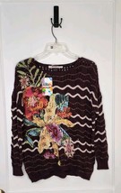 NWT Size US XS Desigual Burgundy Brown Knit Sweater Floral Oversized - $40.00