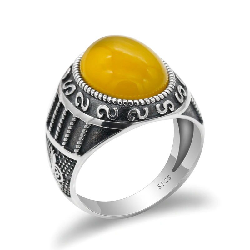 925 Sterling Silver Men Ring with Natural Yellow Onyx Stone Ring Thai Silver Car - £40.82 GBP