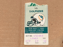 Used Ticket Stub 1992 New York Jets VS Miami Dolphins Giants Stadium 11/1/92 tt1 - £7.98 GBP