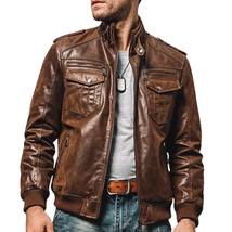 Mens Brown Genuine Distressed Vintage Leather Jacket with Multiple Pockets - £103.09 GBP