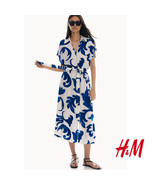 H&amp;M Tie-belt Midi Satin Shirt Dress Patterned V-neck Collar White/Blue - $97.84