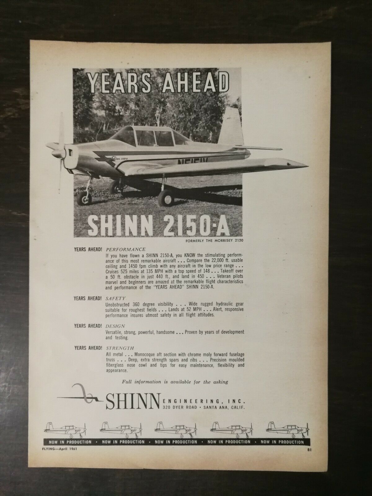 Primary image for Vintage 1961 Shinn 2150-A Airplane Full Page Original Ad