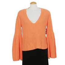 FREE PEOPLE Coral Orange Damsel Bell Sleeve Cotton V-neck Sweater XS - £47.25 GBP
