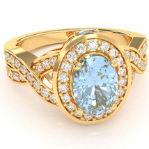 Three Stone Aquamarine Diamond Peekaboo Halo Engagement Ring In 14k Yellow Gold - £668.72 GBP