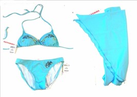 Sunsets 3 pc Aqua Marine Embroidered Halter Bikini Swimsuit w/Pareo NWT$130 Sz S - £67.45 GBP