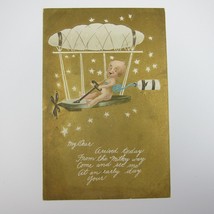 Postcard Birth Announcement Baby Flying Airship in Stars Gold Antique UN... - $9.99