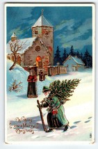 Santa Claus Christmas Postcard Blue Robe Gel Old World Church Gold Otto Schloss - £61.09 GBP