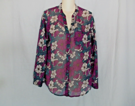 Kut From The Kloth top blouse button up MP blue  floral tab sleeves semi... - $14.65