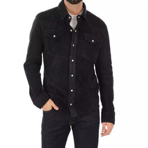 Stylish Men&#39;s Black Casual Genuine Lambskin Soft Suede Leather Shirt Handmade - £91.10 GBP+