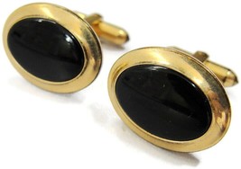 Cuff Links Oval Black Onyx Correct Quality Yellow Gold Filled - £78.68 GBP