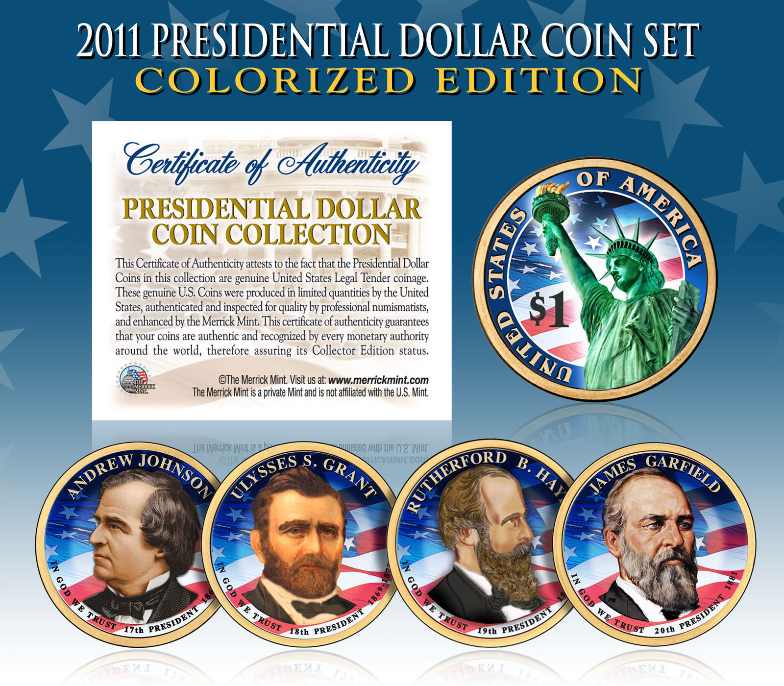Primary image for 2011 Presidential $1 Dollar COLORIZED President 4-Coin Complete Set w/Capsules