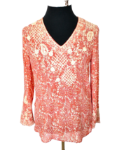 Chico&#39;s  Top Women&#39;s Size Small Pullover V-Neck Soft Coral Paisley Ivory Lace - £10.90 GBP