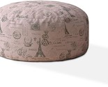 24&quot; Grey And Pink Twill Round Paris Pouf Ottoman - $225.99