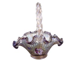 Fenton Ribbon Candy Basket Pink Iridescent Opalescent Hand Painted Coralene - £152.54 GBP