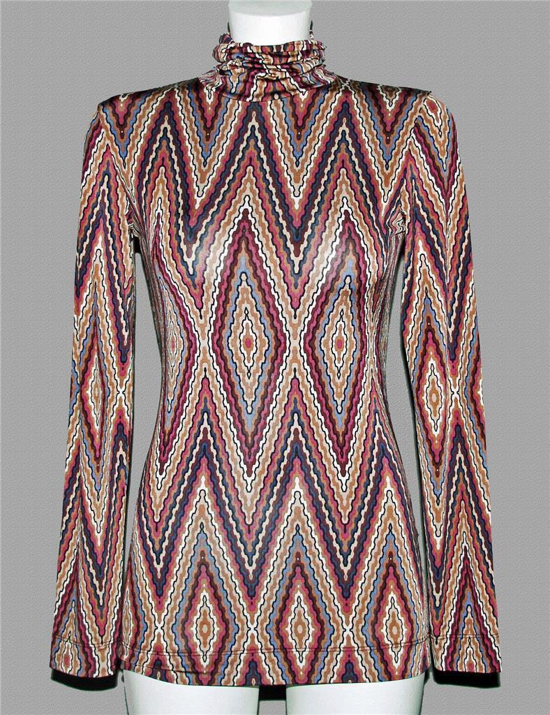 Northland Brown Slate Blue Tones Chevron Stripes Turtleneck Long Tunic T... - $18.99