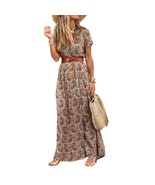 V Neck Short Sleeve Paisley Print with Belt Maxi Dress - $45.20 CAD