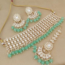 Gold Plated Indian Bollywood Style Kundan Chick Necklace Sea Green Jewelry Set - £37.21 GBP