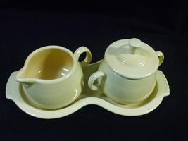 Vintage Fiesta Homer Laughlin Original Yellow Sugar Creamer on Tray Made... - $28.47