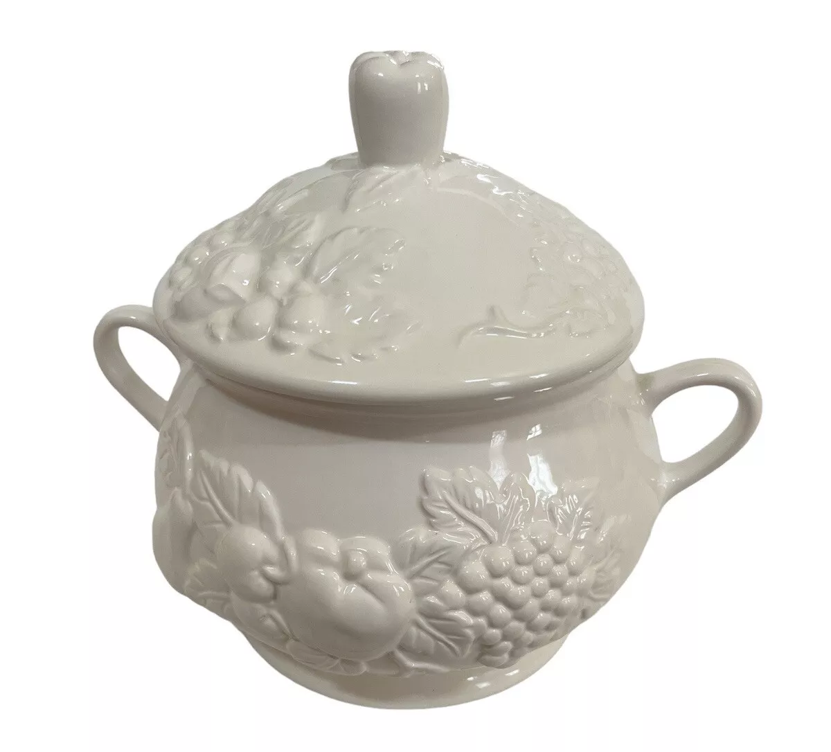 Vintage White Ceramic Soup Tureen 2 Piece Set Embossed Raised Fruit Design - $49.99