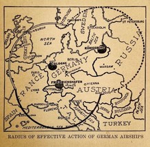 1914 WW1 Print German Airship Attack Radius Art Antique Military Collect... - £27.88 GBP