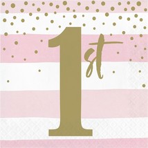 Creative Converting Stripe and Dots 1st Birthday Lunch Napkins, Pink/Gold, 6.5&quot;, - £15.80 GBP