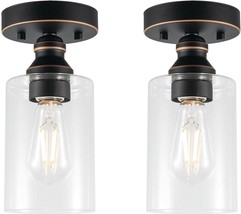 Flush Mount Ceiling Light Fixture Bronze Industrial Farmhouse Glass Meta... - £52.29 GBP