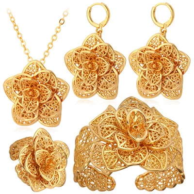 Dubai Flower Jewelry Sets Gold Necklace Cuff Bracelet Drop Earrings &amp; Ring Brida - £33.26 GBP
