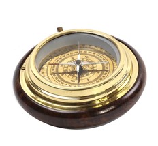 Antique Brass Nautical Wood Desk Maritime Navigational Compass - £29.57 GBP