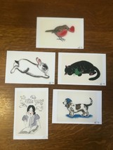 Lot Of 5 Very Cute Robin Bunny Rabbit Black Kitty Cat Thin Cardstock Postcard - £11.93 GBP