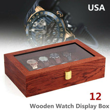 12 Slots Watch Box Wooden Display Box Organizer Top Glass Jewelry Storage - £58.34 GBP