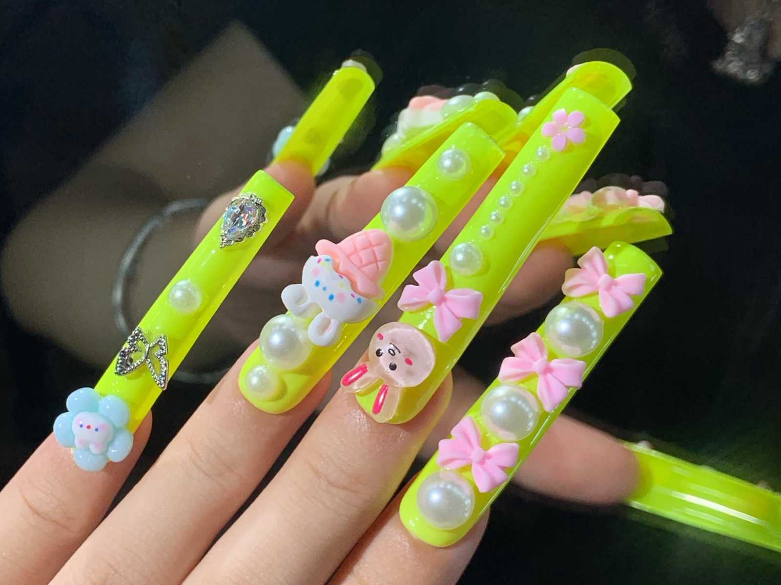 Kawaii Neon Yellow Bunny Ice Cream Press-On Nails 3D Charms&amp;Pearl Accent... - $21.99