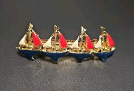 Vintage Enamel Sailing Ships Blue Red and Goldtone Hair Clip Barrette - $33.40