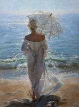 Art Giclee Printed Oil Painting Print Wall Deco Umbrella girl at the beach - $8.59+