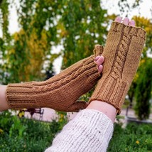 Brown Fingerless Gloves Womens Hand Knit Merino Wool Mittens Hand Warmer... - $30.35