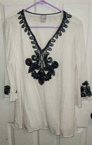 Primary image for Chicos Alabaster Blue Beaded Embroidered Gauze Tunic Shirt Top Sz 1P US 8/10