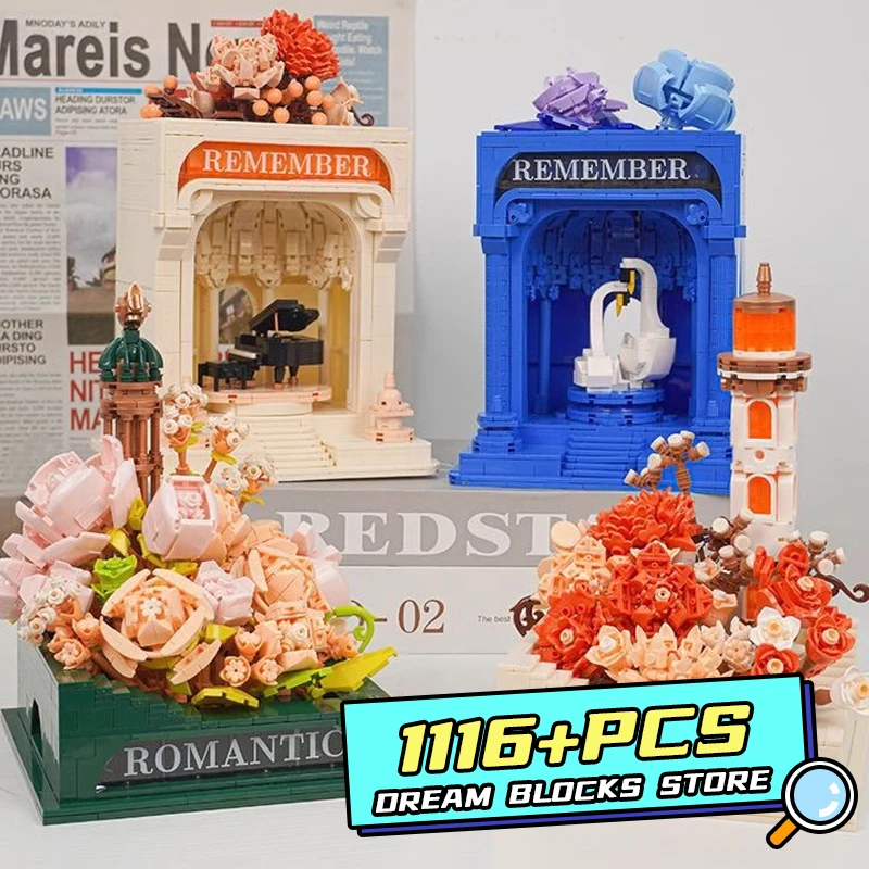 NEW Creative Flower Lighthouse Micro Bricks Model Bouquet Piano Mini Si - £38.40 GBP+