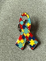 Awareness Depot Red Blue &amp; Yellow Enamel &amp; SIlvertone Autism Awareness Ribbon - £7.43 GBP