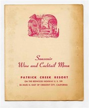 Patrick Creek Resort Souvenir Wine &amp; Cocktail Menu Crescent City California 1960 - $27.72